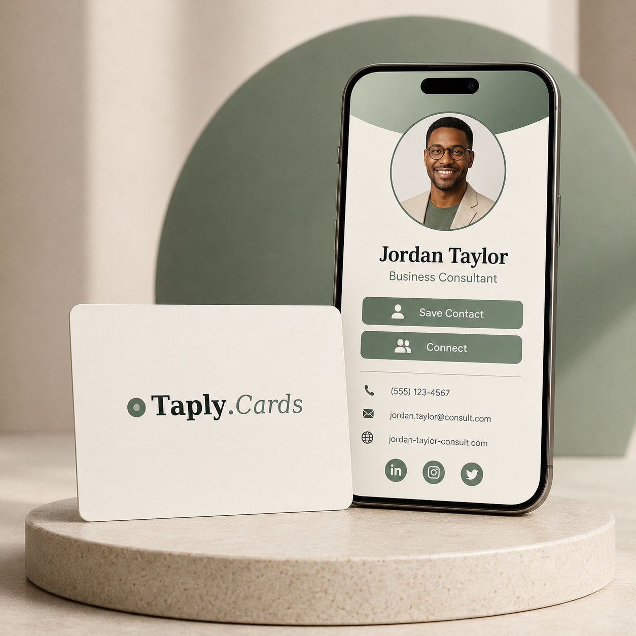 Taply Card beside a custom digital business profile on a phone